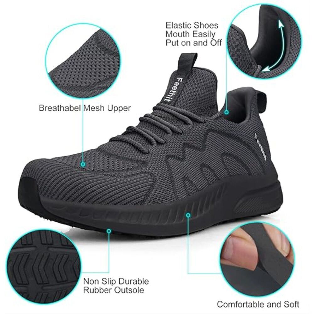 Men's Dark Gray Non Slip Lightweight Breathable Slip on Running Walking Sneakers - Picture 3 of 4